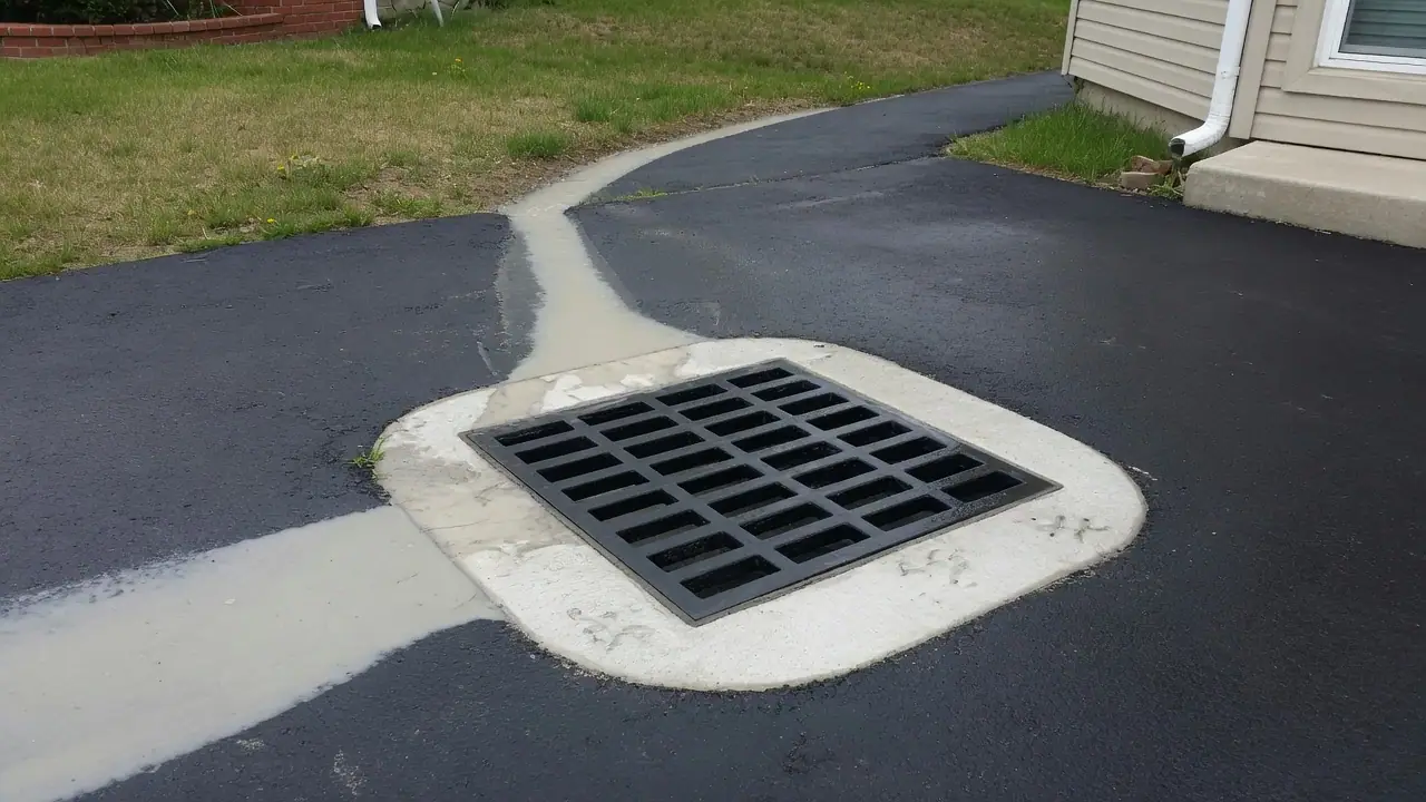 New catch basin grate set into freshly paved asphalt