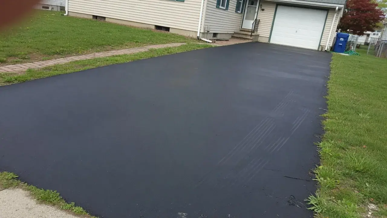 Freshly sealcoated residential asphalt driveway